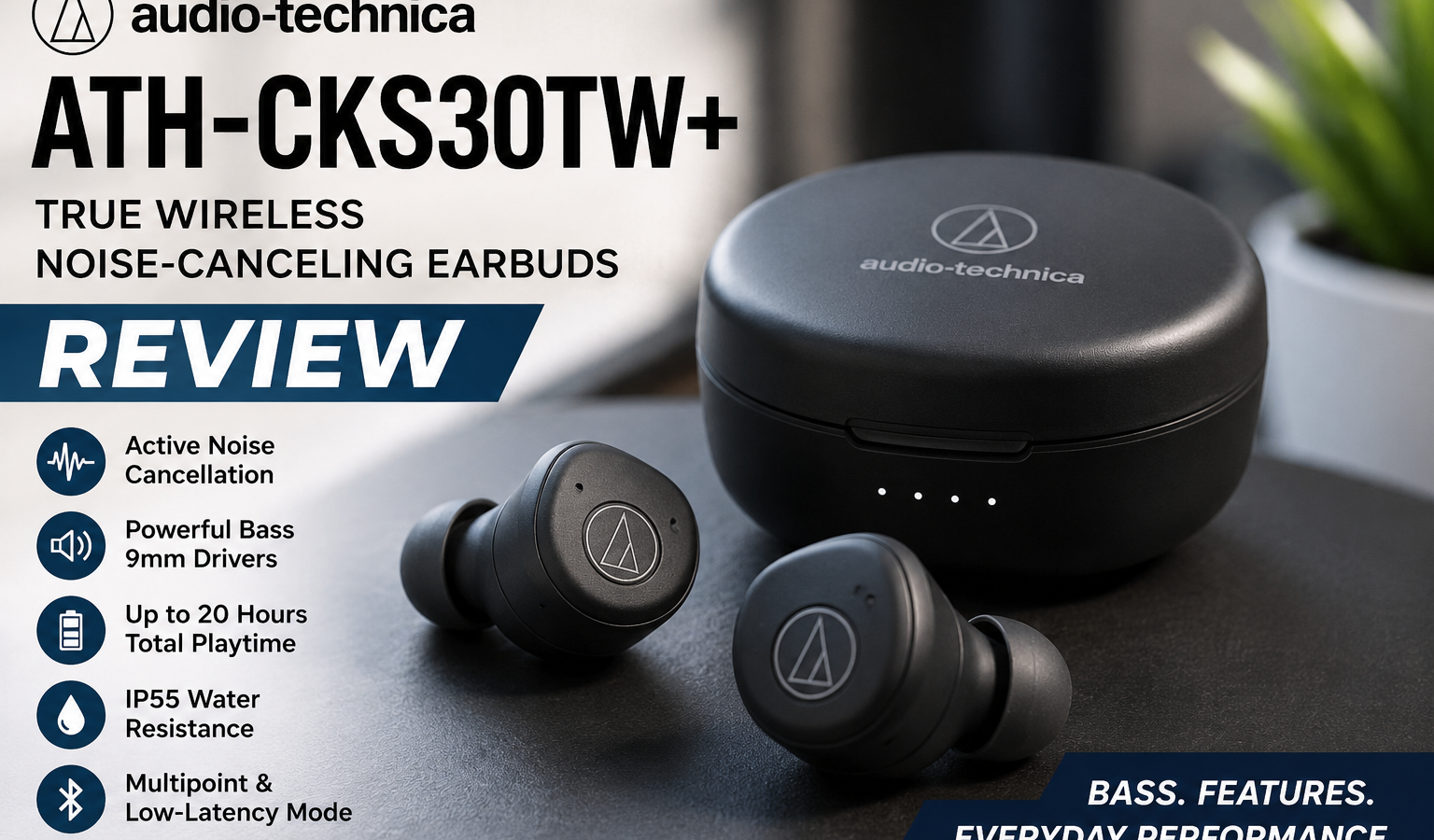 Audio-Technica ATH-CKS30TW+ True Wireless Noise-Canceling Earbuds