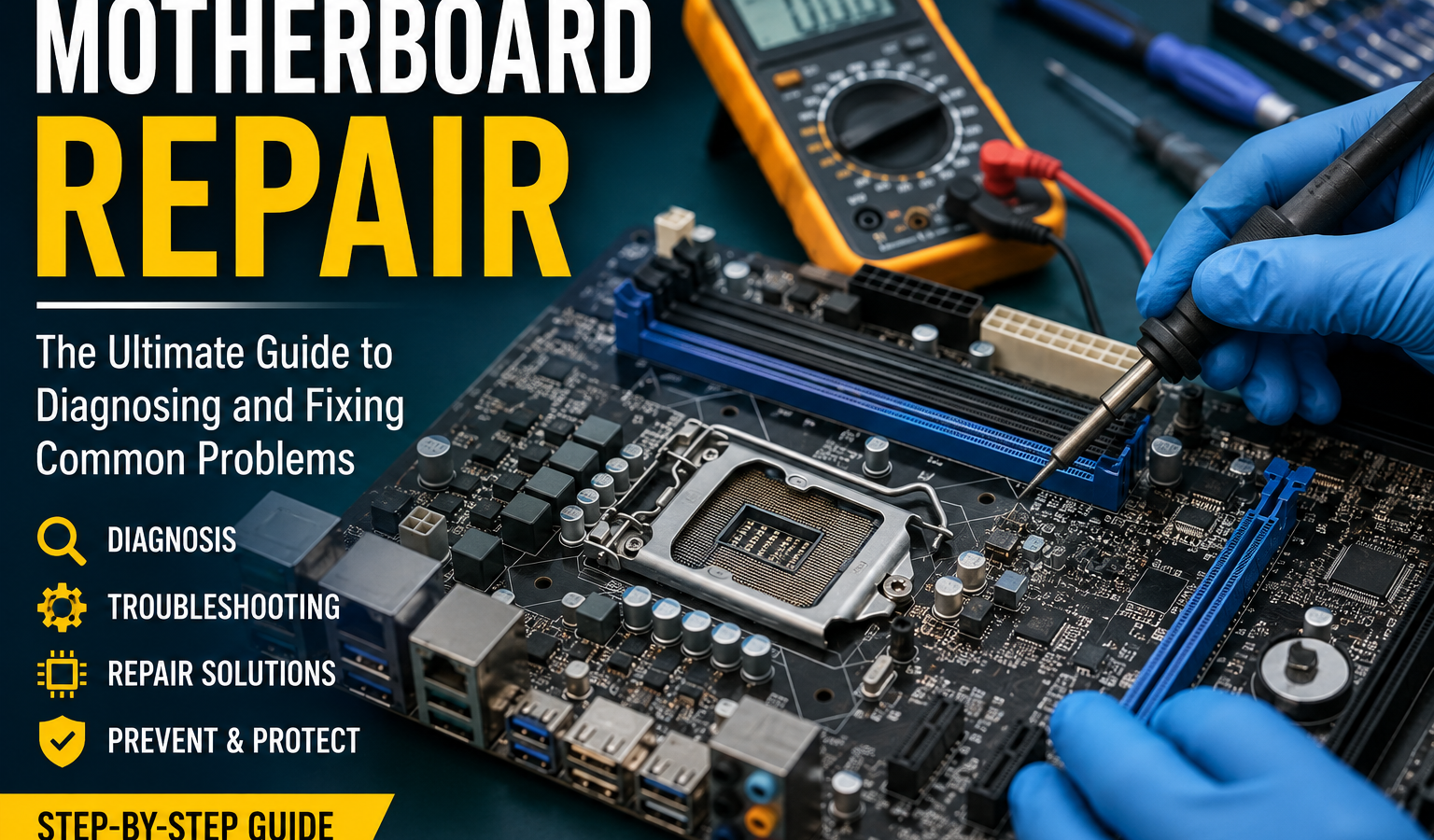 Technician performing motherboard repair with a soldering tool and multimeter on a PC motherboard