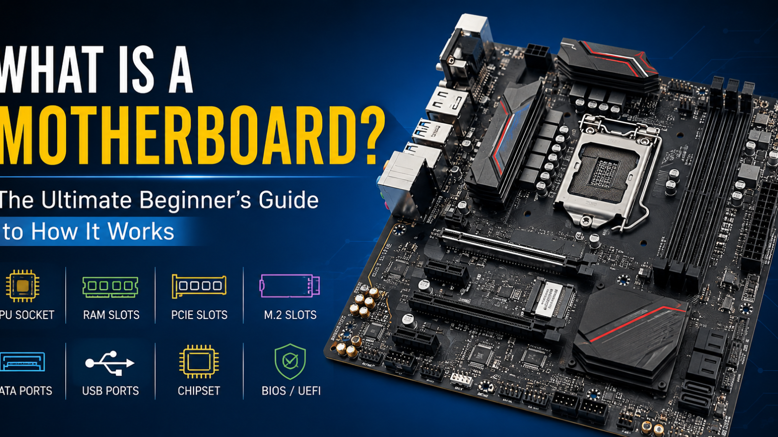 What is a motherboard showing CPU socket, RAM slots, PCIe slots, M.2 slots, chipset, and other components