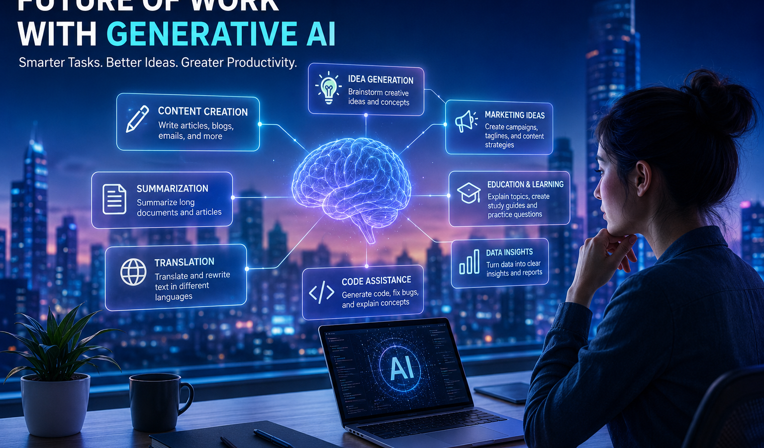 What would be an appropriate task for using generative AI, showing AI for brainstorming, writing, summarization, education, marketing, and coding