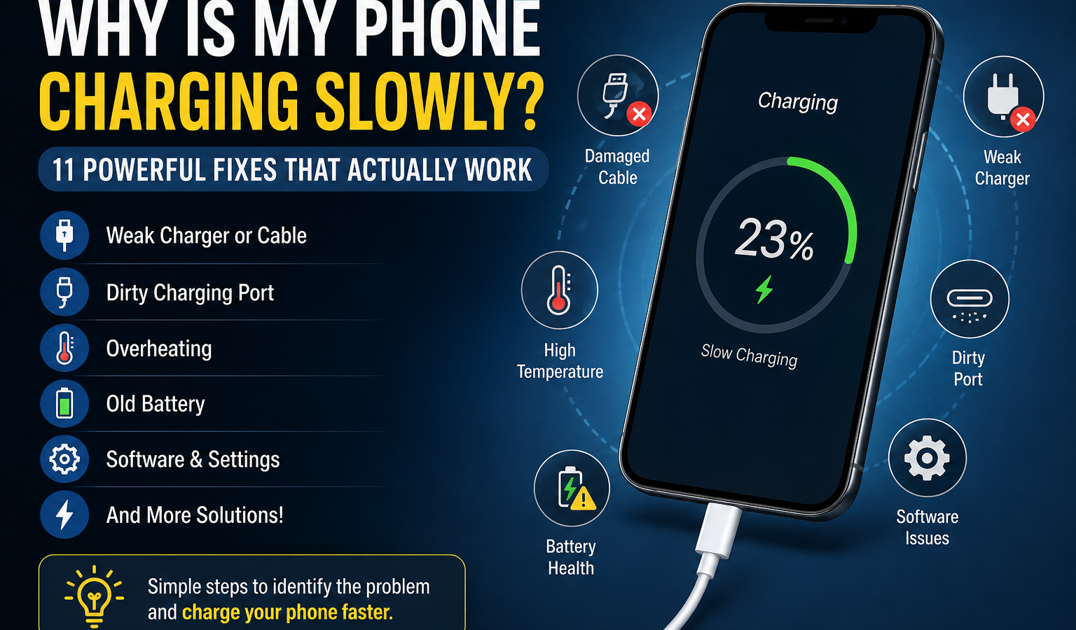 Why is my phone charging slowly troubleshooting guide showing a smartphone with slow charging, damaged cable, weak charger, dirty port, overheating, battery health, and software issues