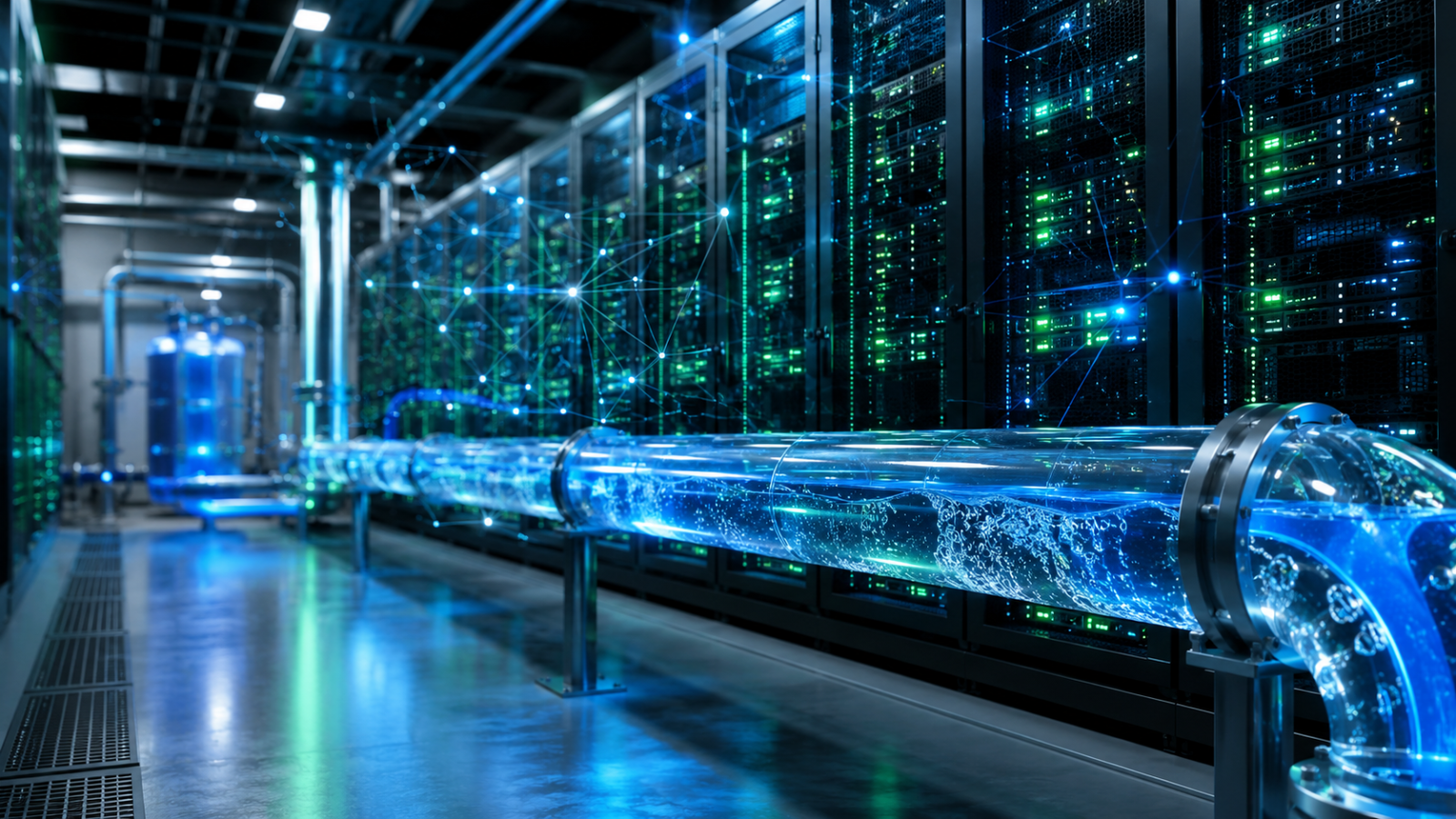 Data center servers and cooling pipes illustrating how much water AI uses to operate