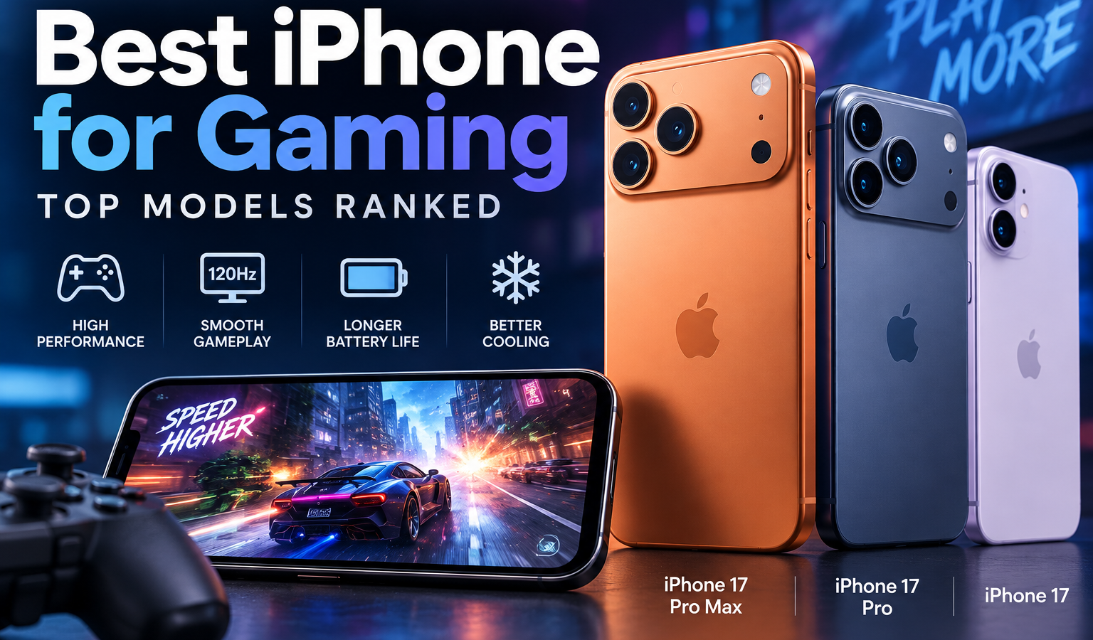 Best iPhone for gaming showing iPhone Pro Max, iPhone 17 Pro and iPhone 17 with gaming graphics