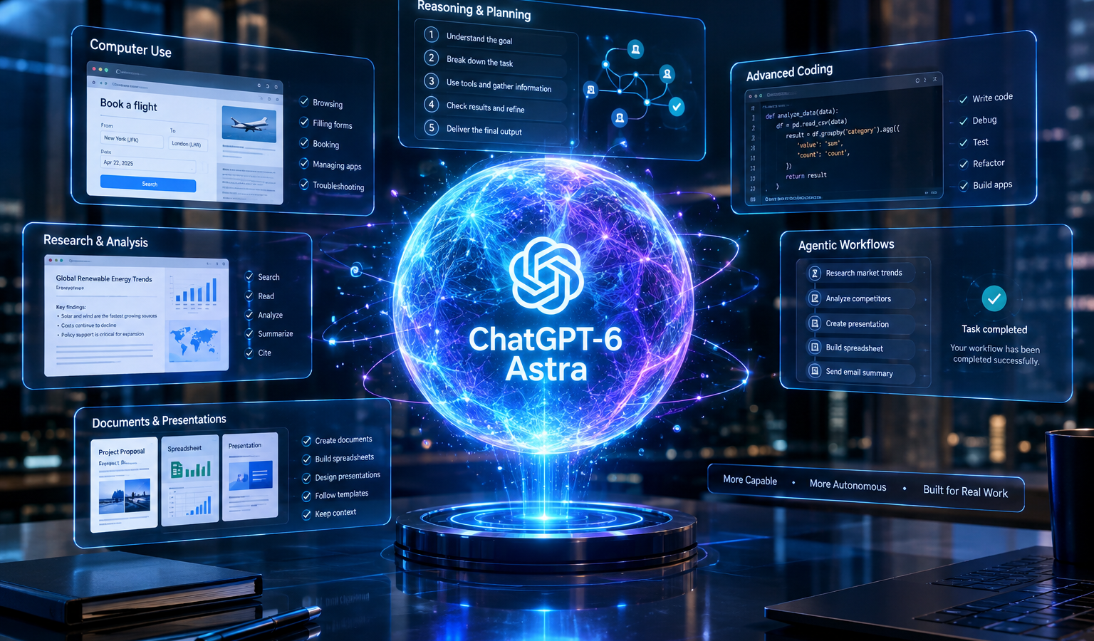 ChatGPT-6 Astra AI core showing advanced reasoning, coding, research, computer use, and agentic workflows