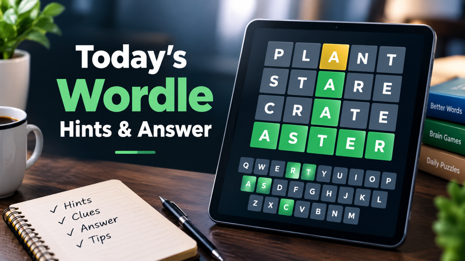 Today’s Wordle hints and answer displayed on a digital word puzzle board