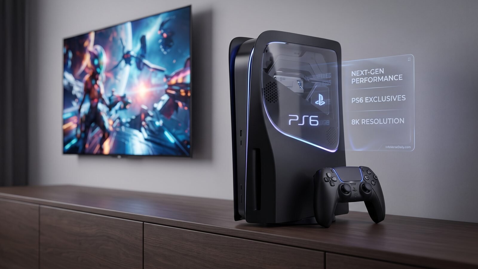 A futuristic conceptual image of the PlayStation 6 (PS6) gaming setup. The black console, featuring a unique design with flowing lines and a glowing internal element, is prominently displayed on a wooden media stand. A matching black controller rests in front of it. A large, wall-mounted TV in the background displays a vivid, futuristic space combat game. To the right of the console is a glowing holographic text interface listing key features: "NEXT-GEN PERFORMANCE," "PS6 EXCLUSIVES," "8K RESOLUTION," and the URL "InfoVerseDaily.com."