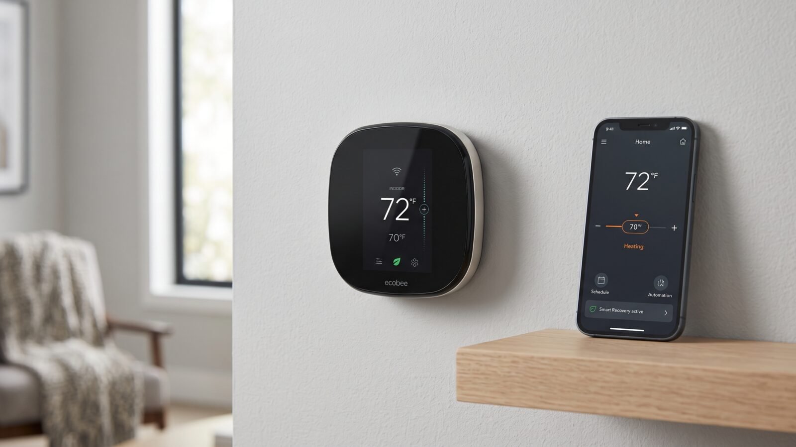 ecobee smart thermostat mounted on a wall with smartphone controls