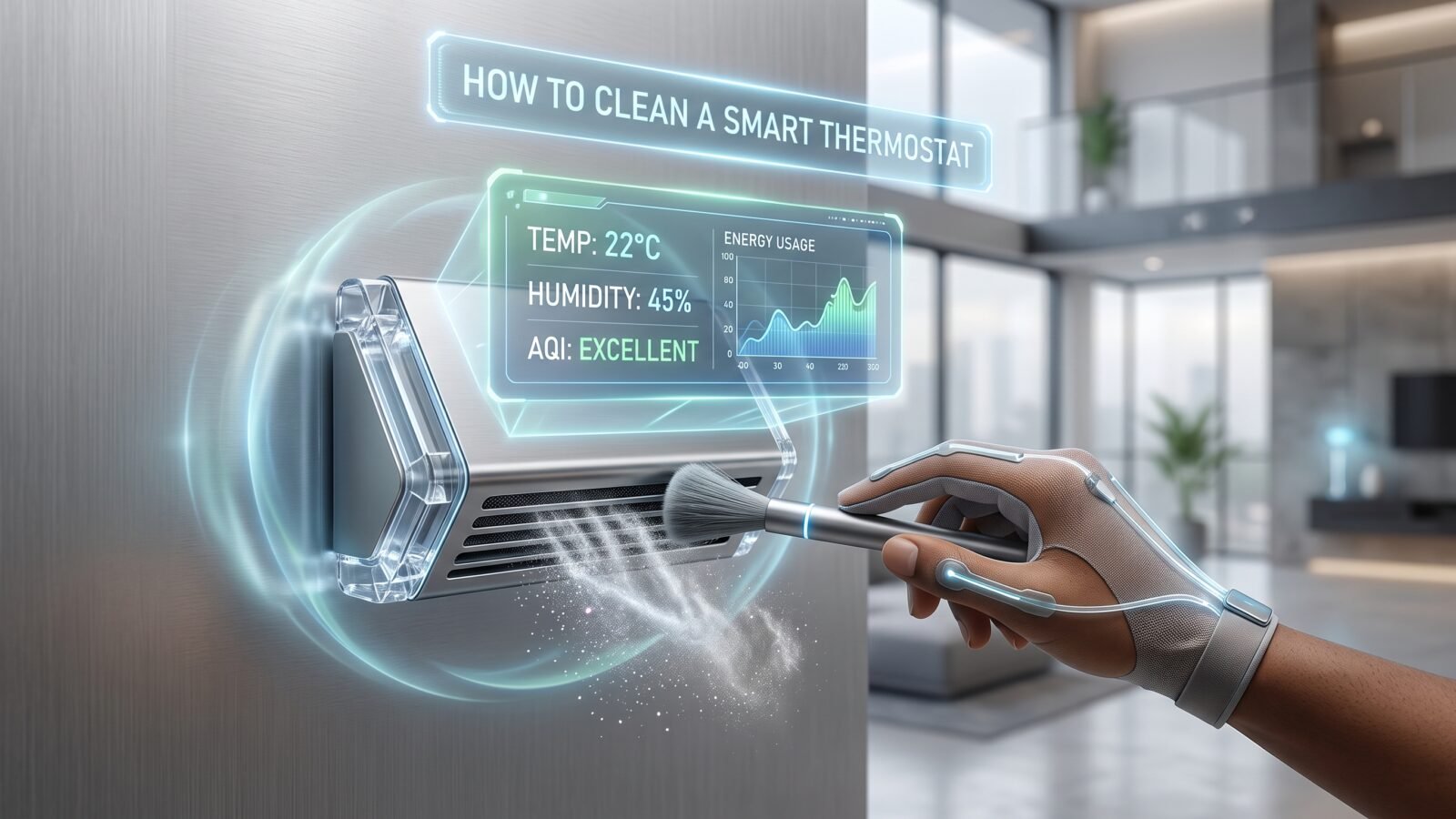 A close-up photograph of a person in an advanced haptic maintenance glove using a precision micro-brush tool with a small glowing tip to remove luminous dust particles from the ventilation grille of a futuristic, metallic smart thermostat. The thermostat projects a bright, multi-layered blue holographic display with live environmental data (TEMP, HUMIDITY, AQI, ENERGY USAGE) and a prominent top banner reading 'HOW TO CLEAN A SMART THERMOSTAT' in a minimalist modern loft interior.