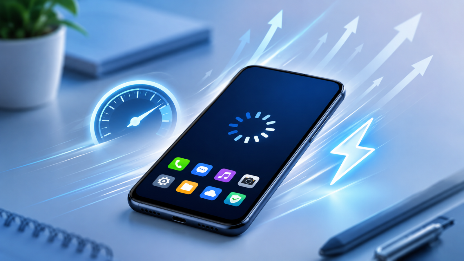 Illustration of a smartphone with speed and performance icons, representing how to fix a slow Android phone