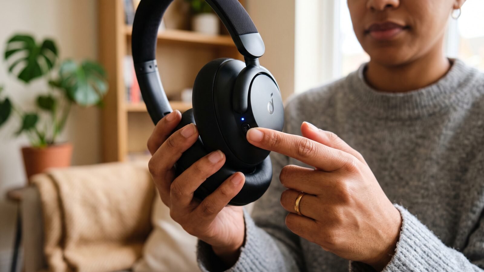 Close-up of hands resetting Bluetooth headphones by holding the power button