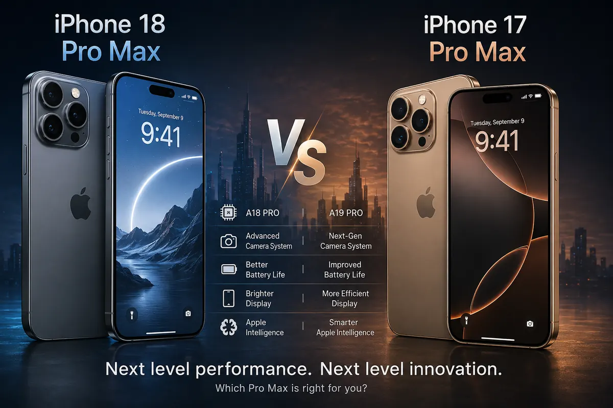iPhone 18 Pro Max vs iPhone 17 Pro Max comparison showing both Apple flagship smartphones