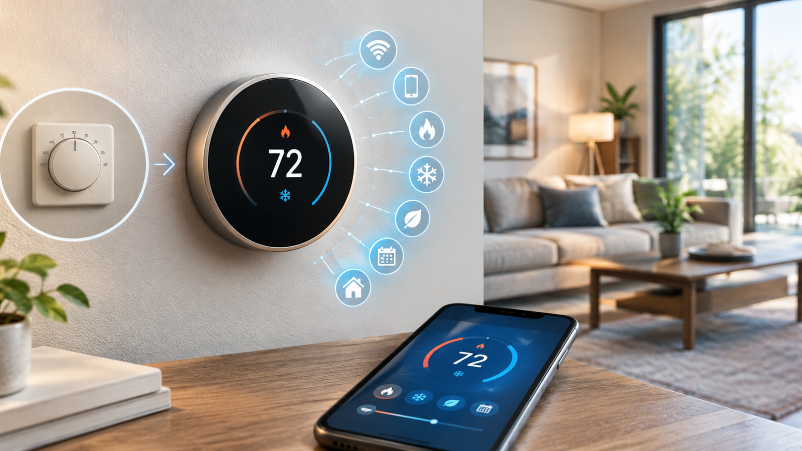 smart thermostat controlling home heating and cooling