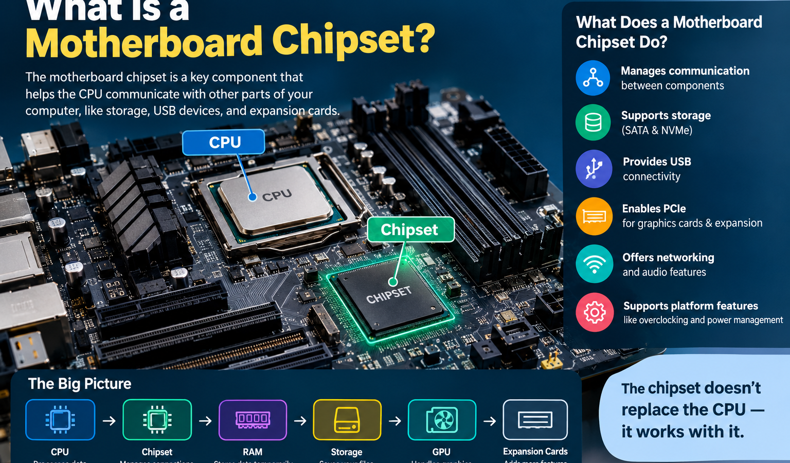 What is a motherboard chipset explained with CPU, RAM, PCIe, USB, and storage connections