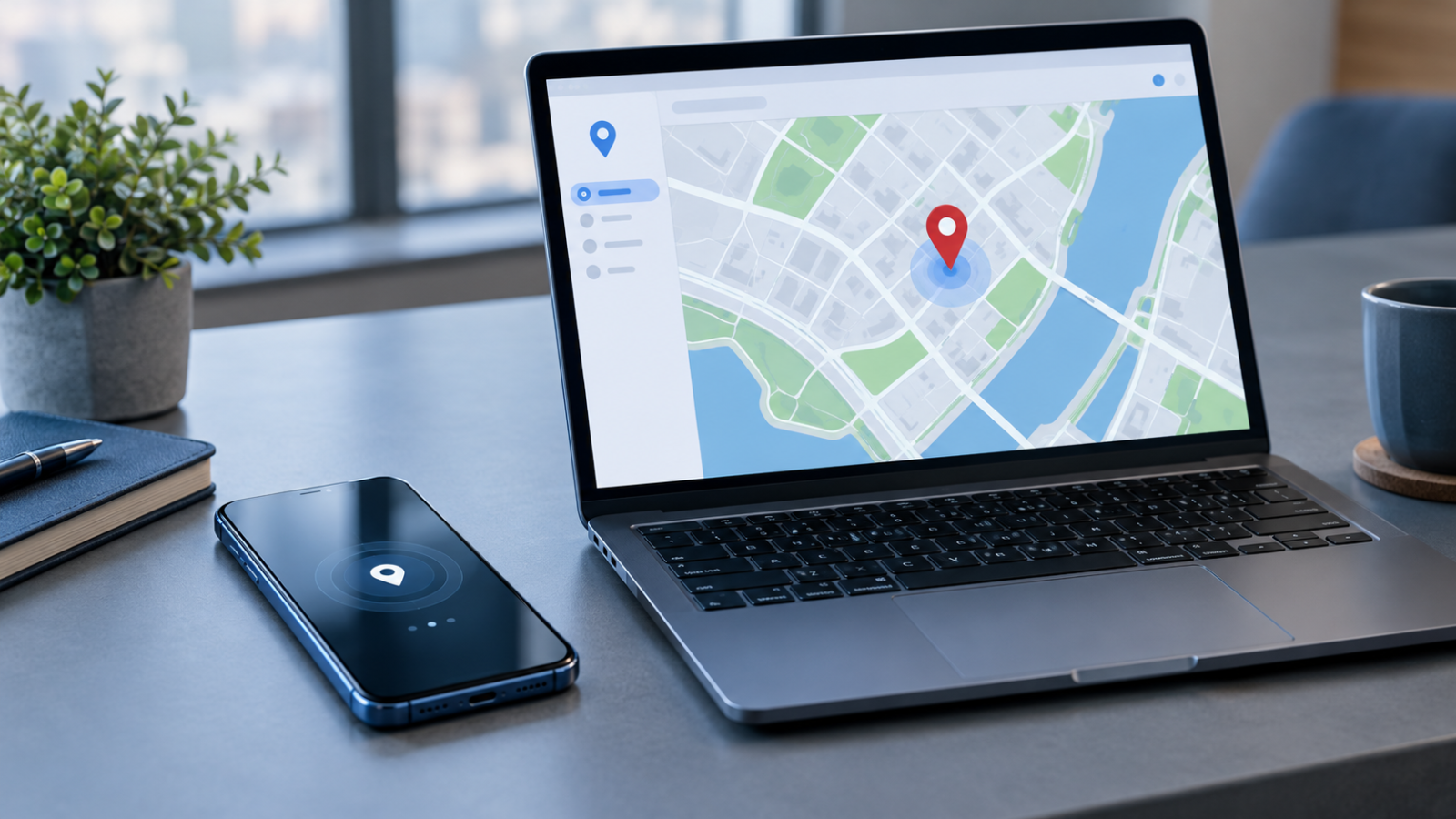 iPhone beside a laptop displaying a generic map with a location pin to illustrate finding a lost phone.